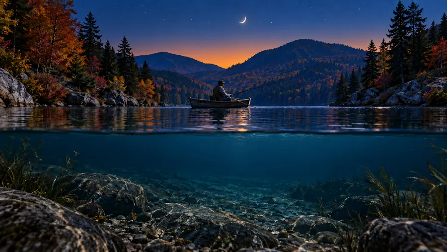 Fish swimming beneath a quiet mountain lake at dusk